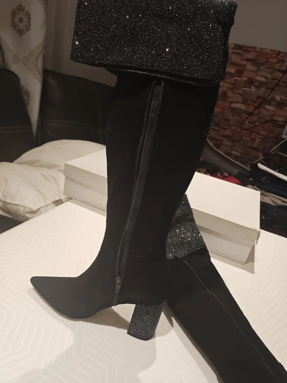 Black Glitter Cuff Over-the-Knee Block Heel Boots 39